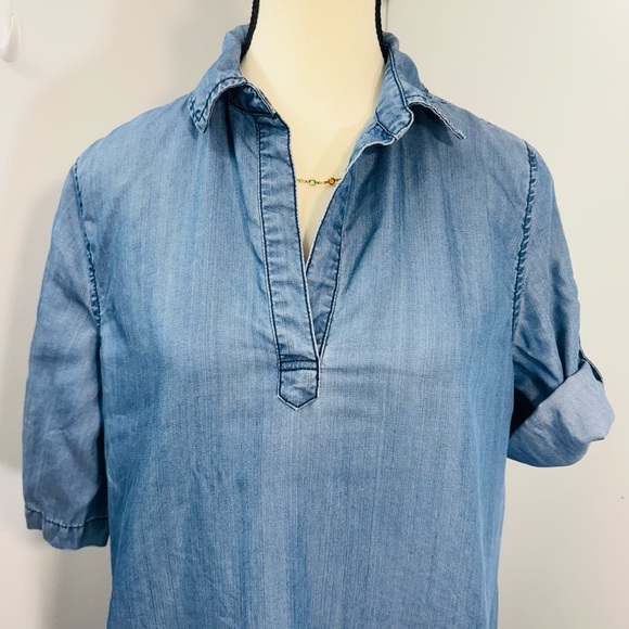 Velvet Heart Women's Knee Length Denim Shirt Dress Blue 3/4 Roll Sleeve Collared - Picture 2 of 10